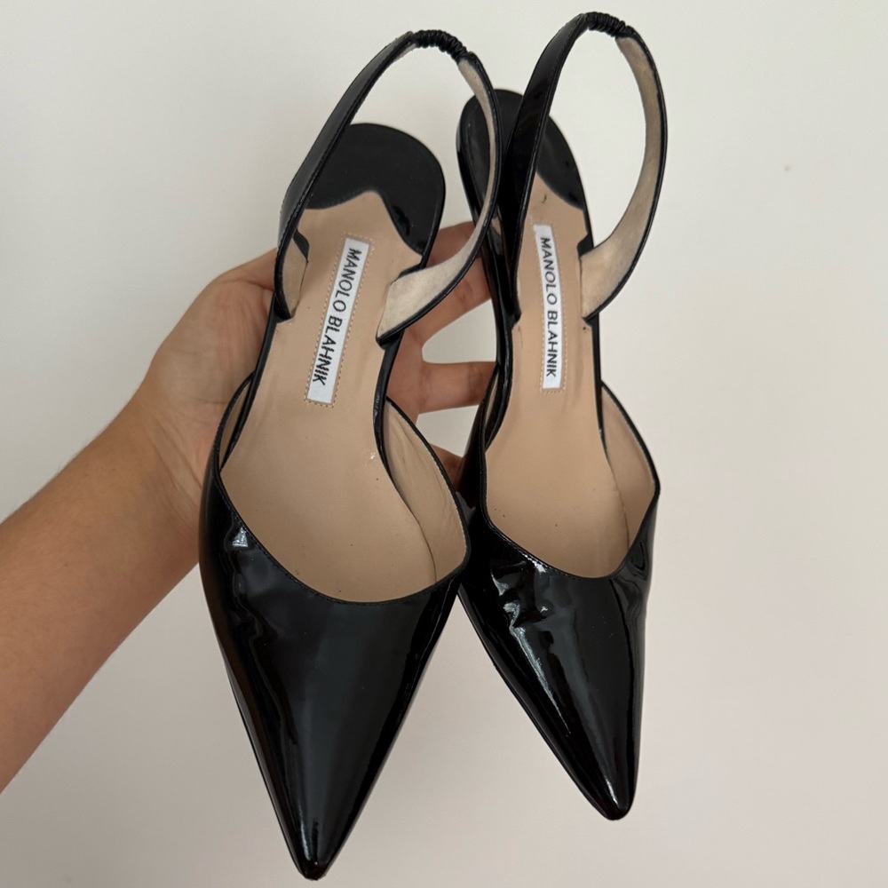 Manolo Blahnik Black Patent Slingback Pointed-Toe Heels